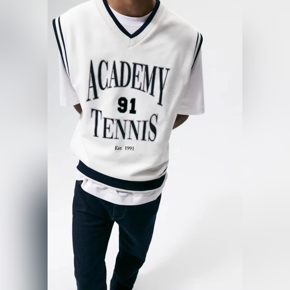 Zara Unisex White Academy Tennis Sweatshirt Vest XL Collegiate Academia Preppy